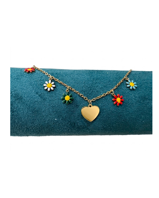 Pulsera de Cadena dorada acero con Dijes de Corazón y Margaritas de Colores para Mujer