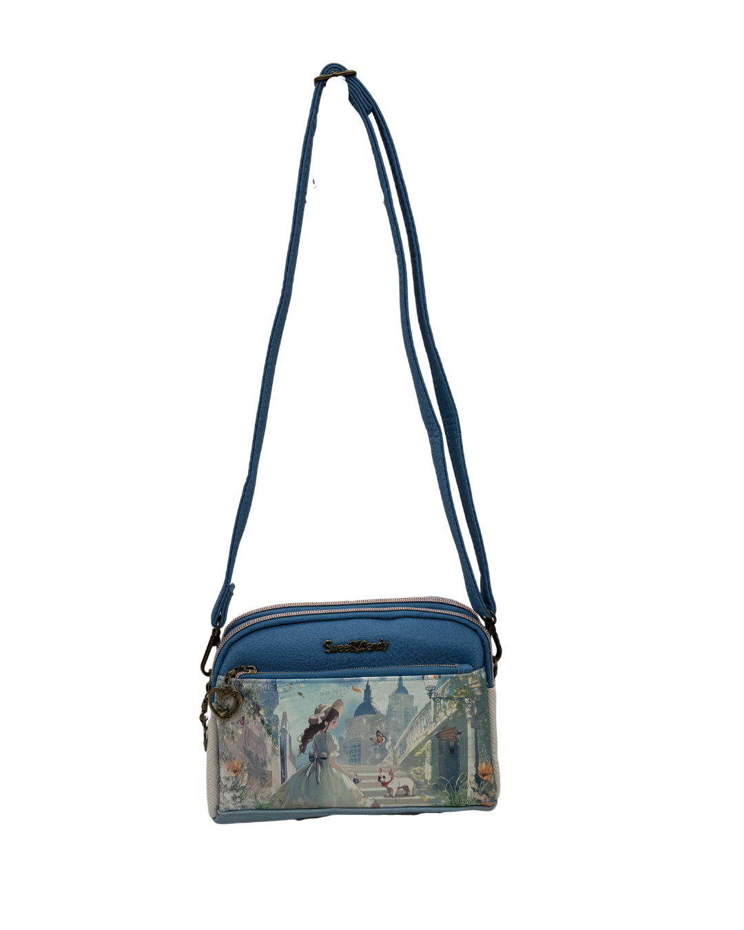 Bolso Bandolera Sweet Candy Azul Triple Compartimento - Diseño Mariposas y Escena Vintage