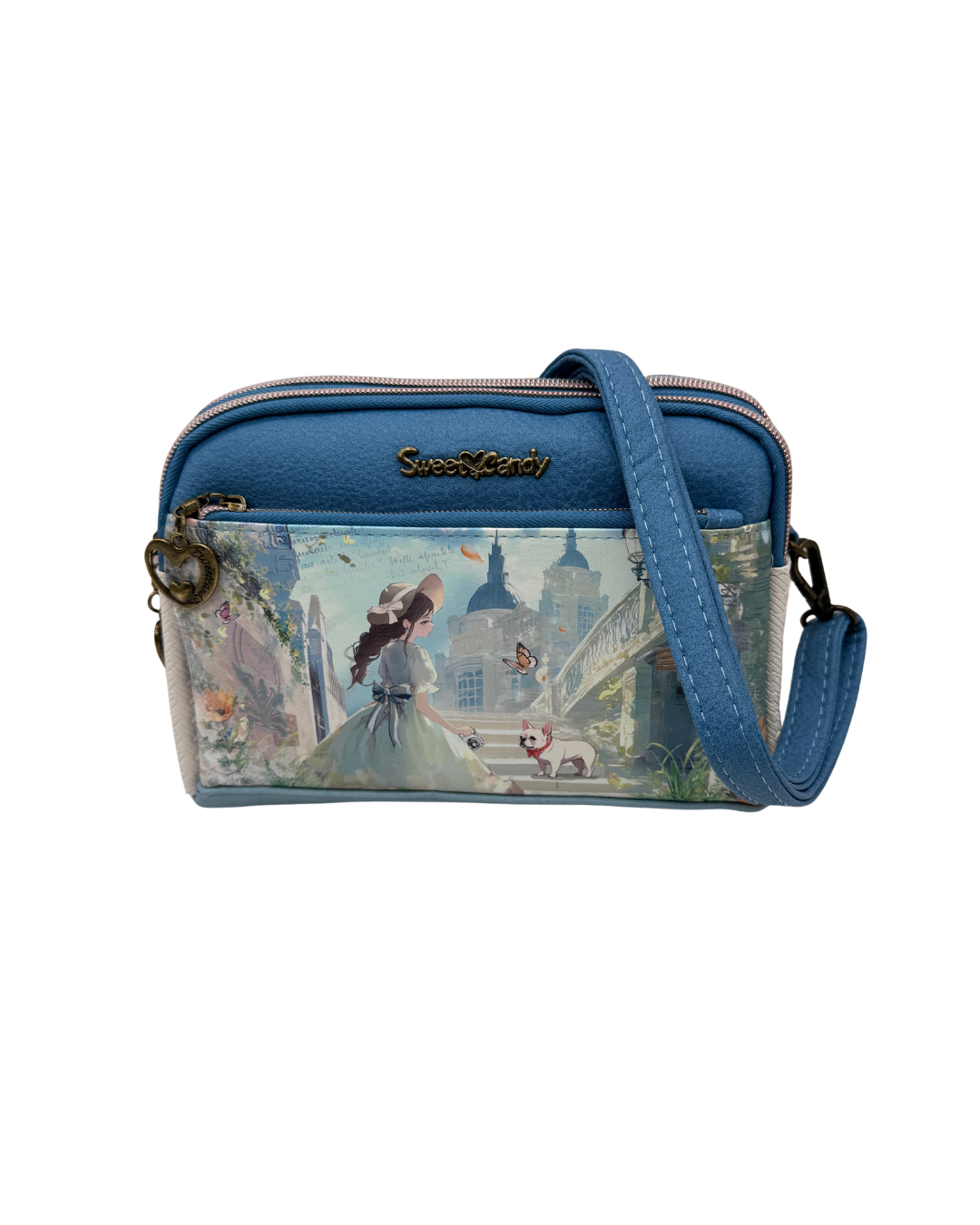 Bolso Bandolera Sweet Candy Azul Triple Compartimento - Diseño Mariposas y Escena Vintage