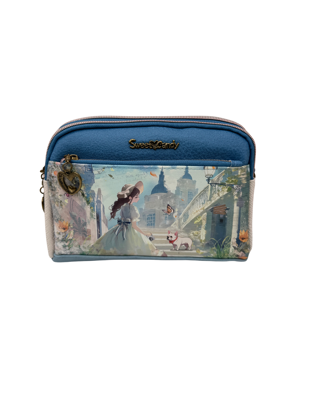Bolso Bandolera Sweet Candy Azul Triple Compartimento - Diseño Mariposas y Escena Vintage