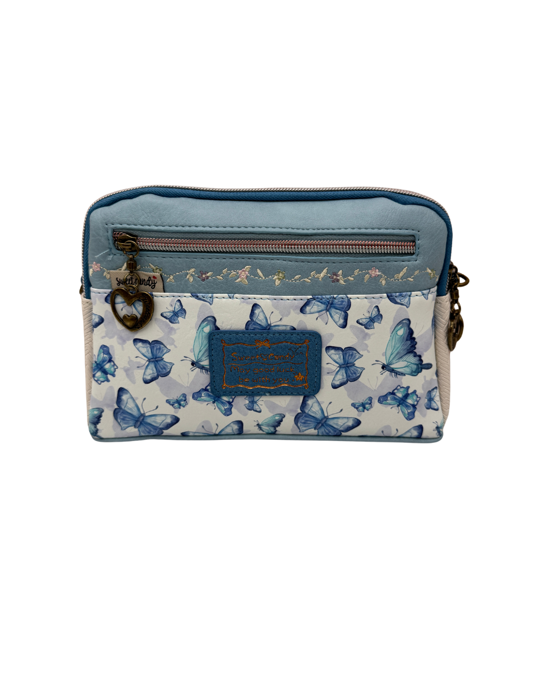 Bolso Bandolera Sweet Candy Azul Triple Compartimento - Diseño Mariposas y Escena Vintage