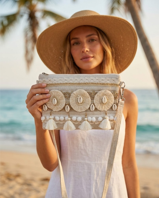 Bolso Bandolera o Mano "Goddess" con Conchas y Encaje Mediterráneo Rafia