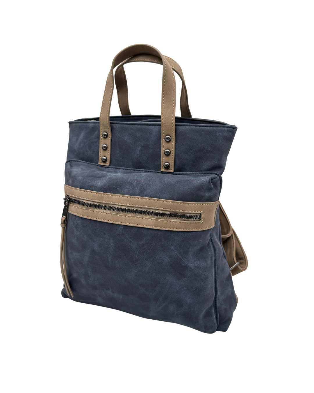 Bolso Mochila 2 en 1 de Cuero Sintético Azul con Detalles en Camel