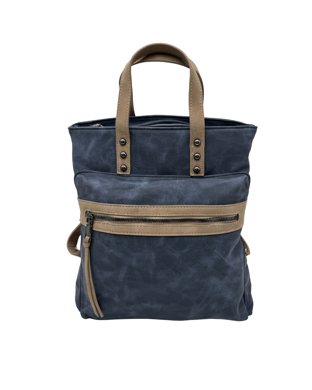 Bolso Mochila 2 en 1 de Cuero Sintético Azul con Detalles en Camel