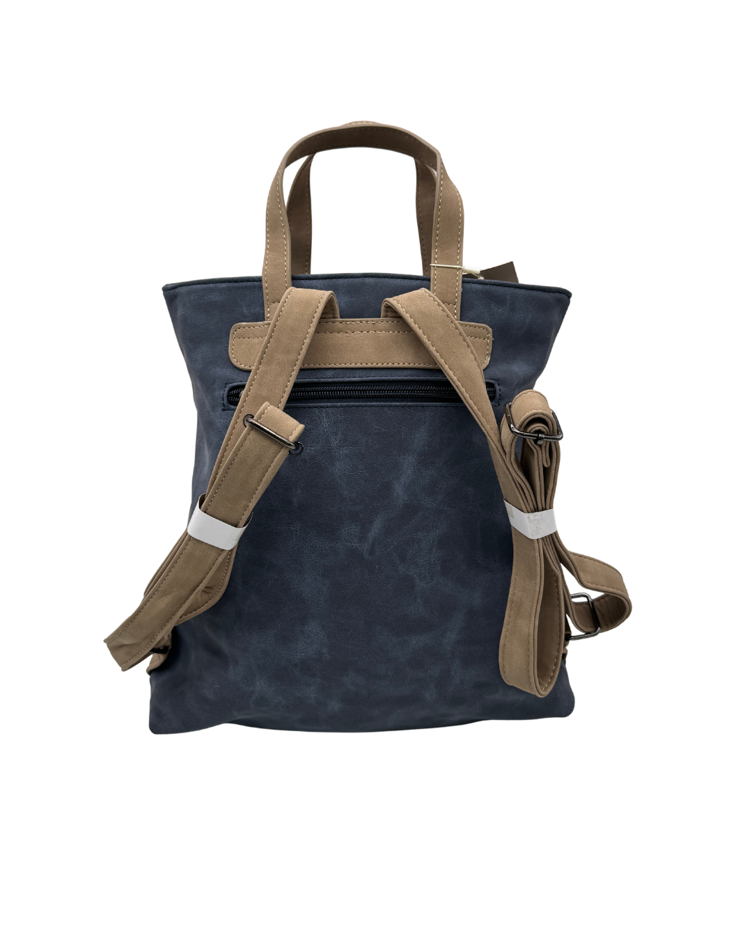 Bolso Mochila 2 en 1 de Cuero Sintético Azul con Detalles en Camel