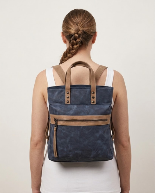 Bolso Mochila 2 en 1 de Cuero Sintético Azul con Detalles en Camel