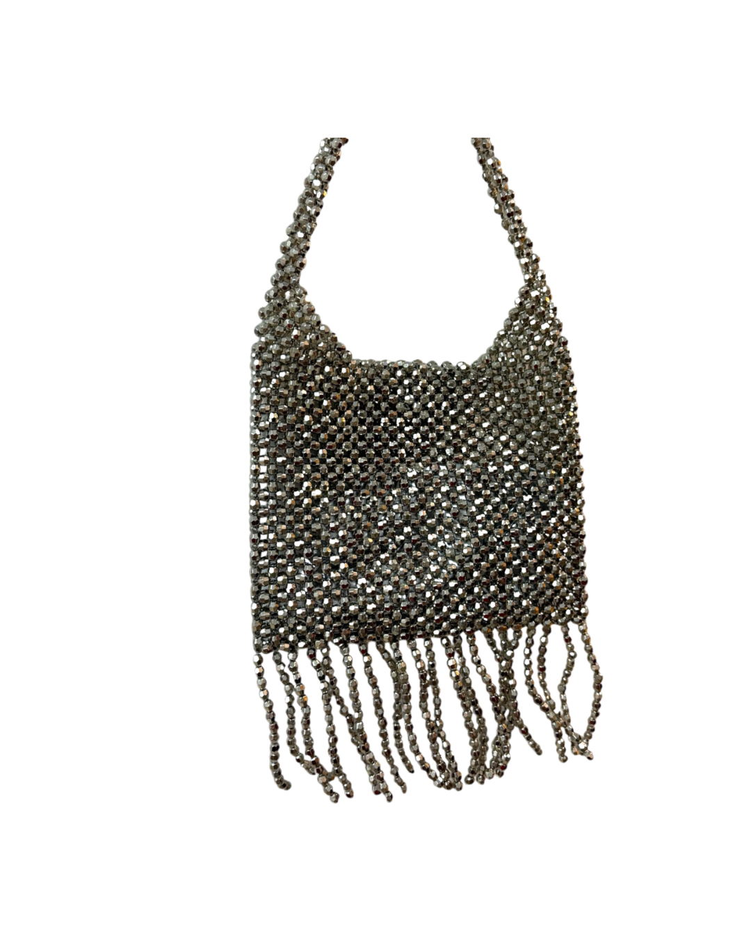 Bolso de Mano Plateado de Cuentas con Flecos – Estilo Fiesta y Eventos Elegantes