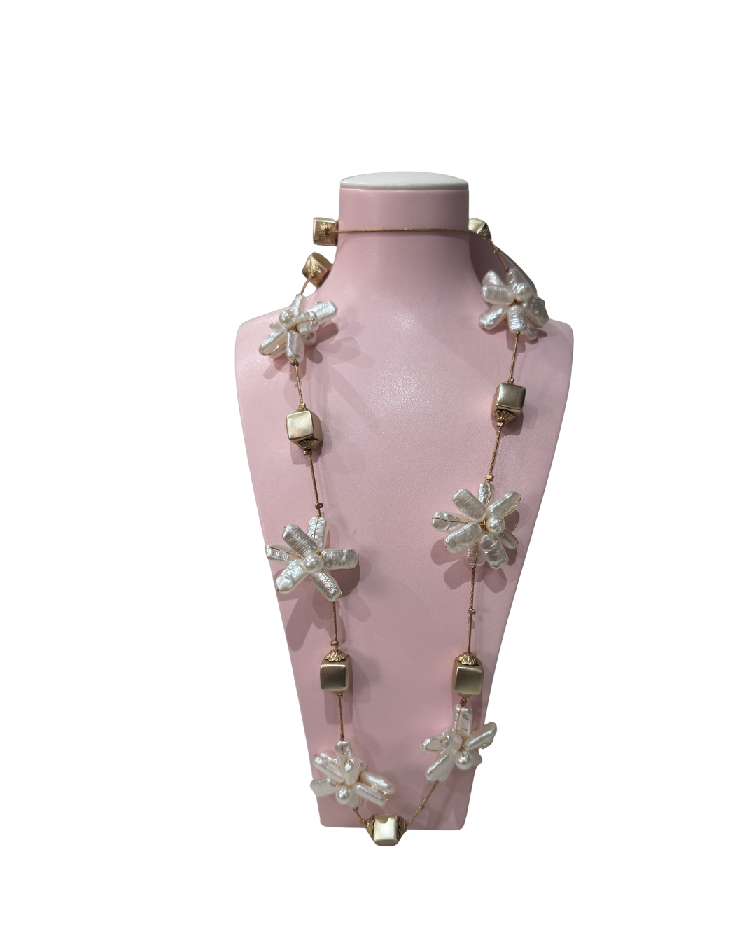 Collar Largo "Flor de Nácar" en Acero Dorado y Perlas Barrocas