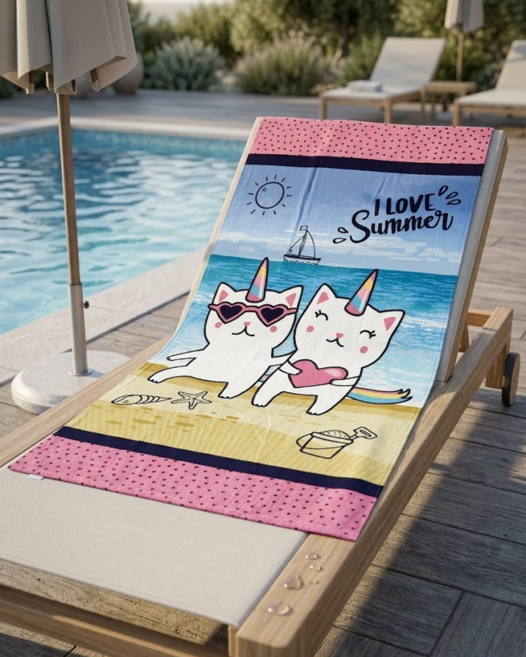 Toalla de Playa Premium - Diseño "I Love Summer" Gatos Unicornio