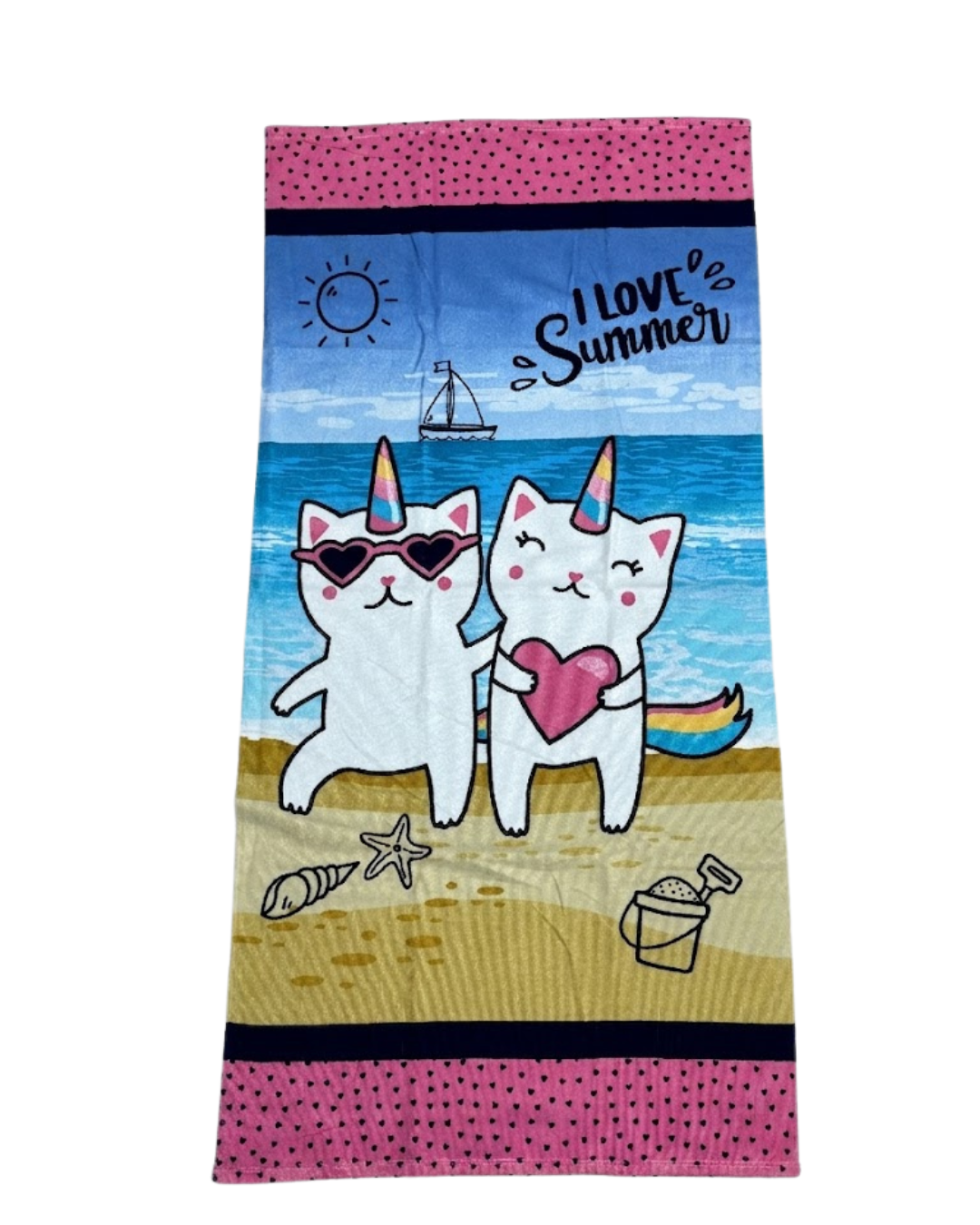 Toalla de Playa Premium - Diseño "I Love Summer" Gatos Unicornio