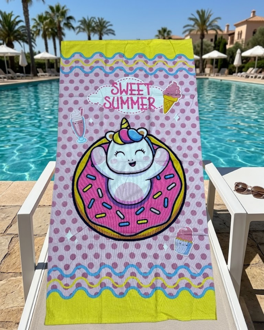 Toalla de Playa Infantil Unicornio "Sweet Summer" – Microfibra Secado Rápido – Diseño Kawaii Donut