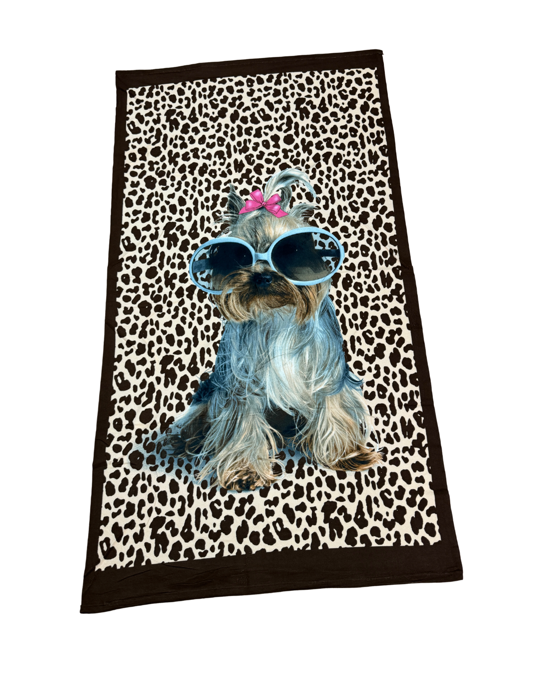 Toalla de Playa Premium Yorkie Glam - Estampado de Leopardo y Gafas de Sol