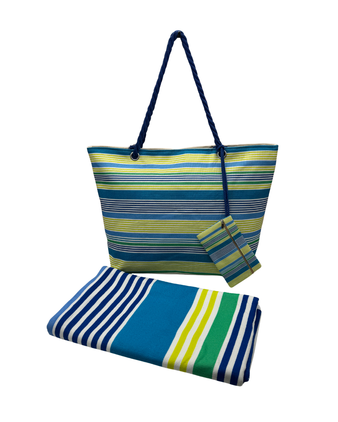 Pack Playa Premium: Bolso Maxi-Tote, Toalla de Algodón y Neceser a Juego – Colección Rayas Mediterráneas