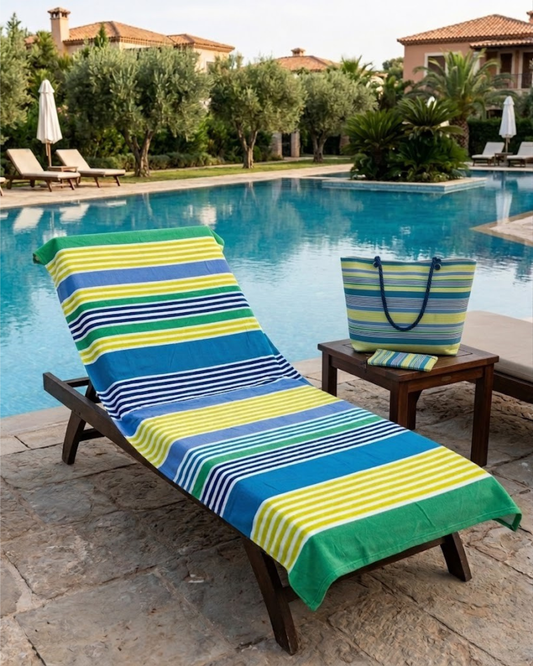 Pack Playa Premium: Bolso Maxi-Tote, Toalla de Algodón y Neceser a Juego – Colección Rayas Mediterráneas