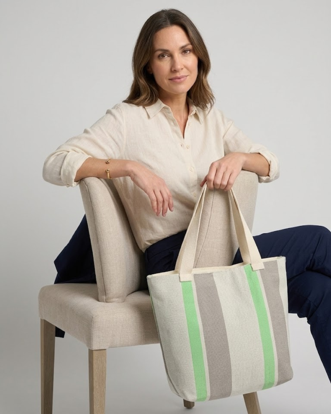 Bolso Tote de Loneta Premium – Diseño Rayas Verde (Hombro y Mano)