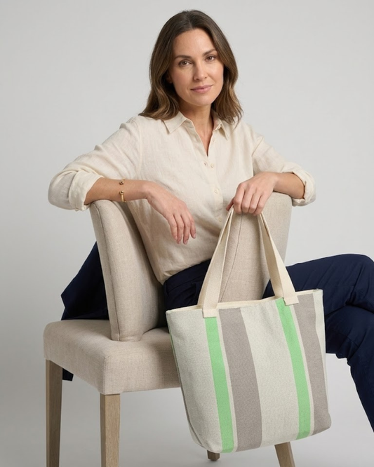 Bolso Tote de Loneta Premium – Diseño Rayas Verde (Hombro y Mano)