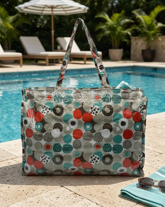 Bolso de Playa Grande Impermeable con Bolsillo Interior - Diseño Círculos Retro