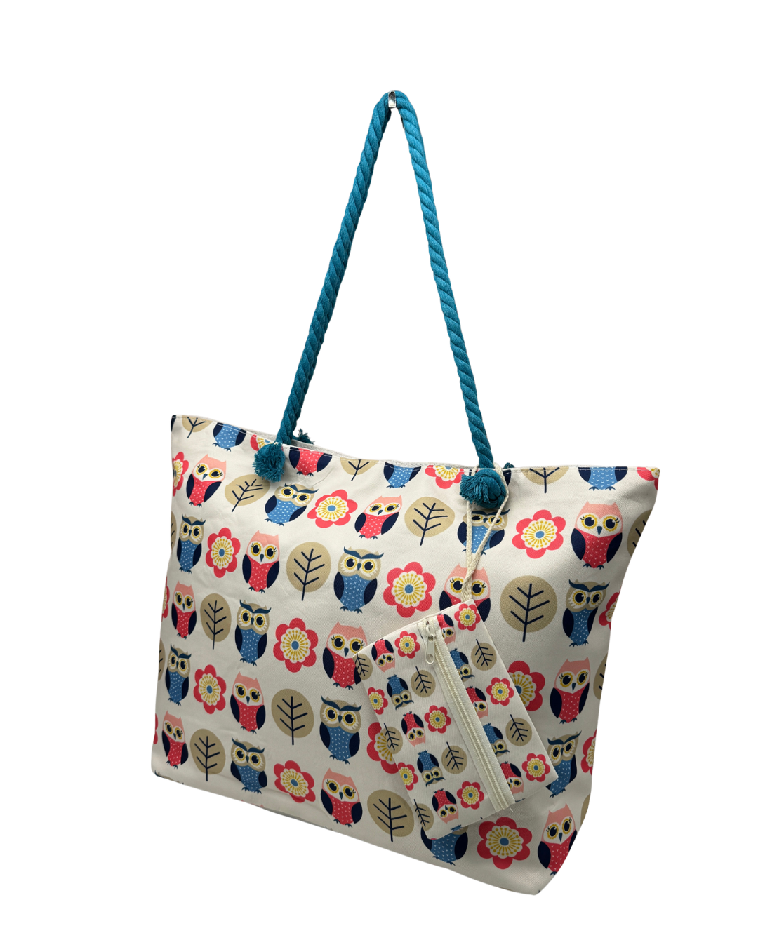 Maxi Bolso de Playa en Loneta con Estampado de Búhos y Neceser a Juego