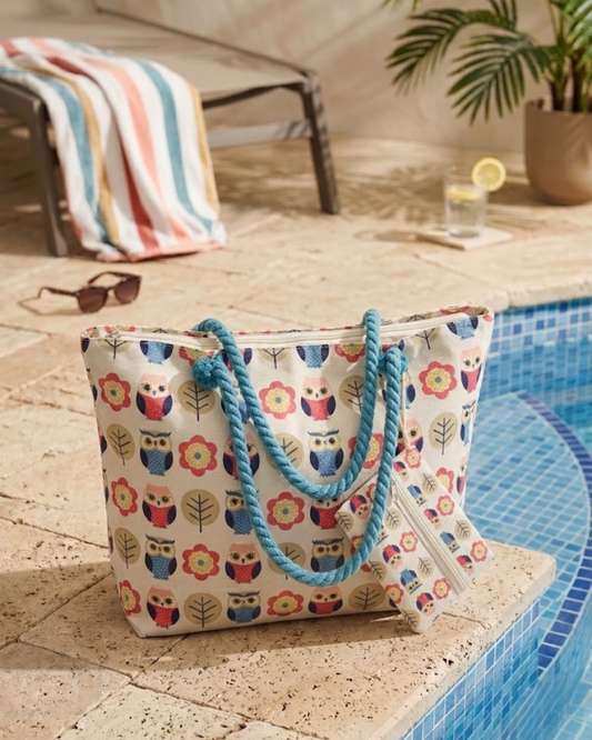 Maxi Bolso de Playa en Loneta con Estampado de Búhos y Neceser a Juego