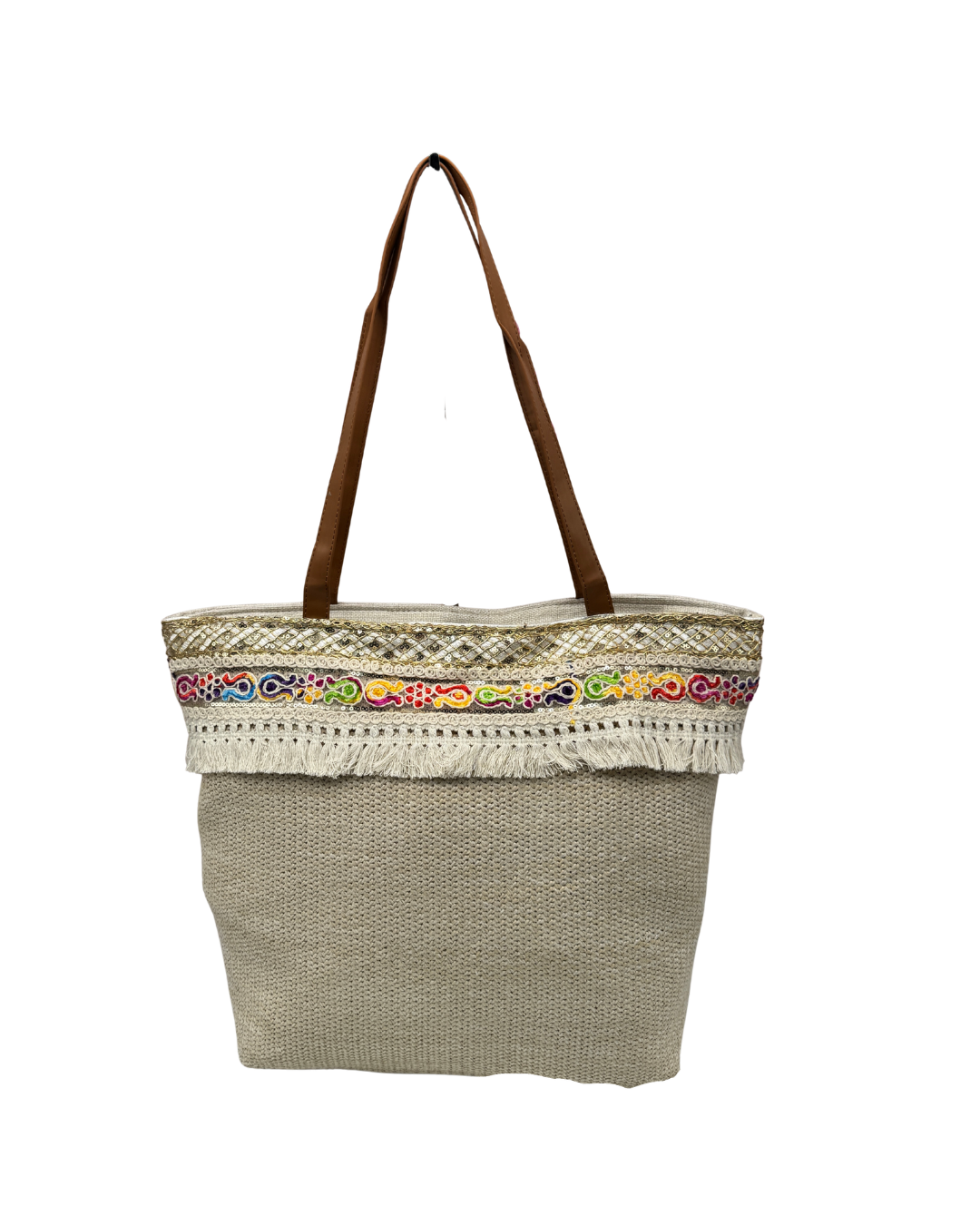 Set de Bolso de Playa en Loneta y Bolso de Mano a Juego - Diseño Boho con Flecos y Bordados Dorados