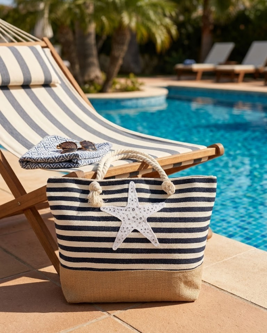 Bolso Playero "Estrella de Mar" – Capazo de Lona con Rayas Marineras y Asas de Cuerda