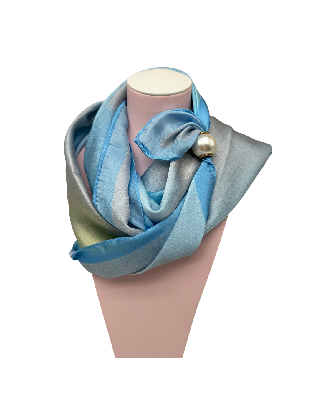 Pañuelo Satinado Azul Glaciar con Broche de Perla Premium - Suavidad Sedosa