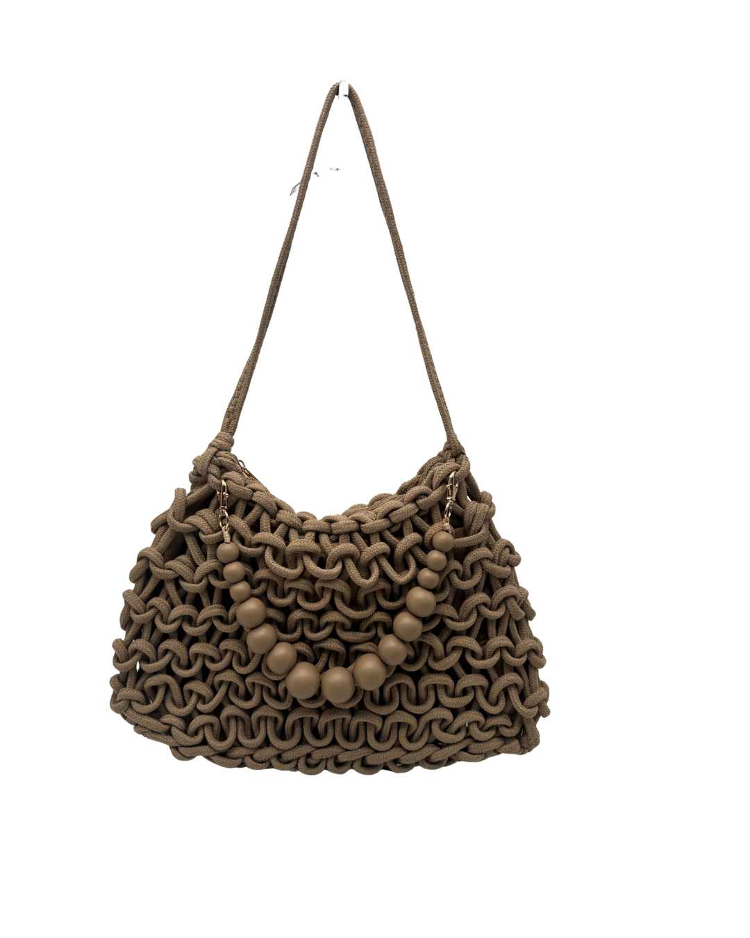 Bolso de Macramé en Cordón de Algodón Trenzado con Detalle Bolas madera – Color Arena (rafia)