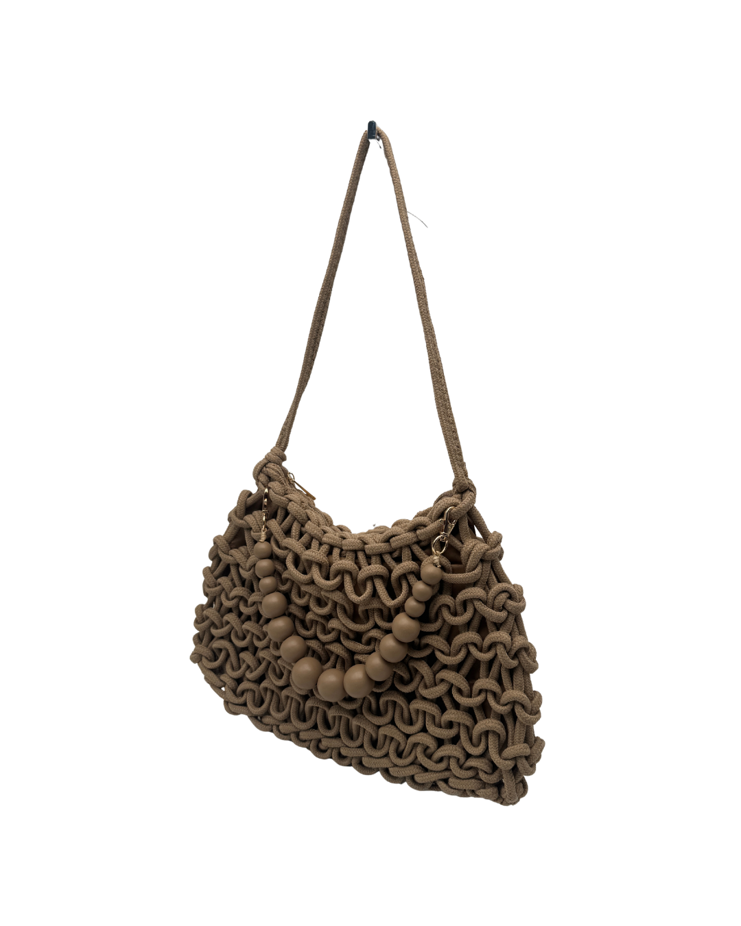 Bolso de Macramé en Cordón de Algodón Trenzado con Detalle Bolas madera – Color Arena (rafia)