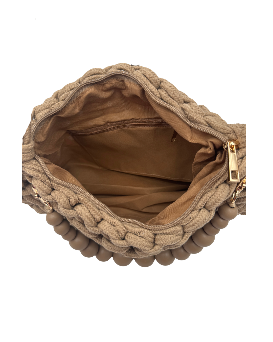 Bolso de Macramé en Cordón de Algodón Trenzado con Detalle Bolas madera – Color Arena (rafia)