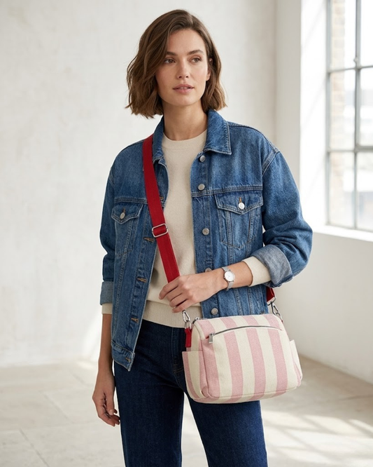 Modelo de cabello corto con chaqueta vaquera y suéter crema, llevando cruzado el bolso bandolera de lona a rayas rojas y blancas, en un interior luminoso.