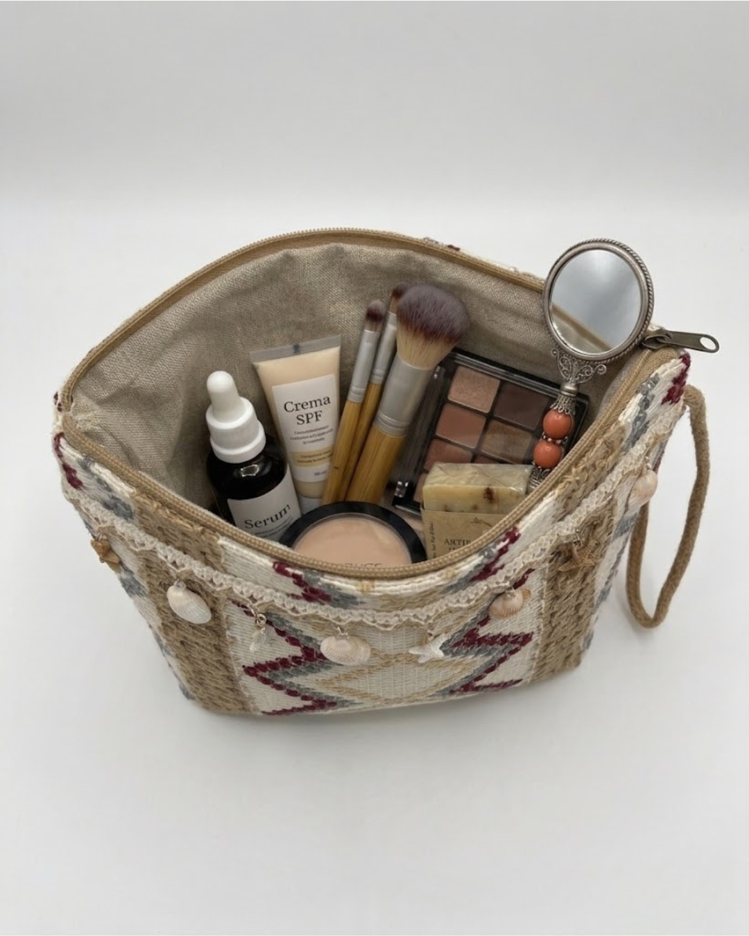 Neceser de Rafia Artesanal con Detalles Marineros y Conchas - Bolso de Mano Boho Chic