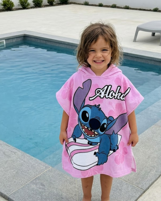 Poncho de Toalla con Capucha para Niños – Diseño Stitch "Aloha" - Microfibra Suave y Absorbente