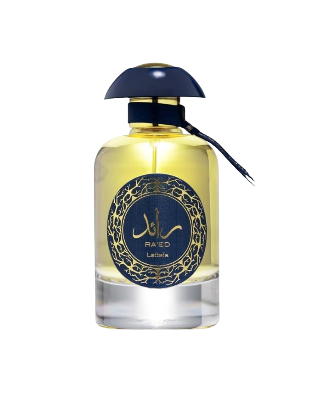 Frasco del perfume árabe Lattafa Ra'ed Luxe sobre fondo blanco, con su tapón azul marino, cinta a juego y sello dorado con caligrafía árabe.