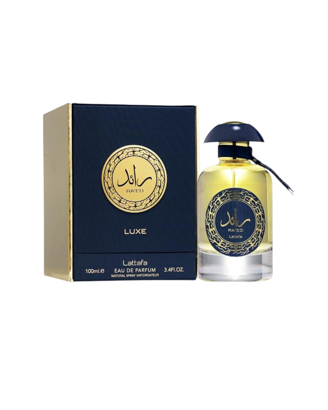 Presentación completa del perfume Lattafa Ra'ed Luxe: frasco de 100ml Eau de Parfum junto a su lujosa caja azul marino y dorada con la etiqueta "Luxe".