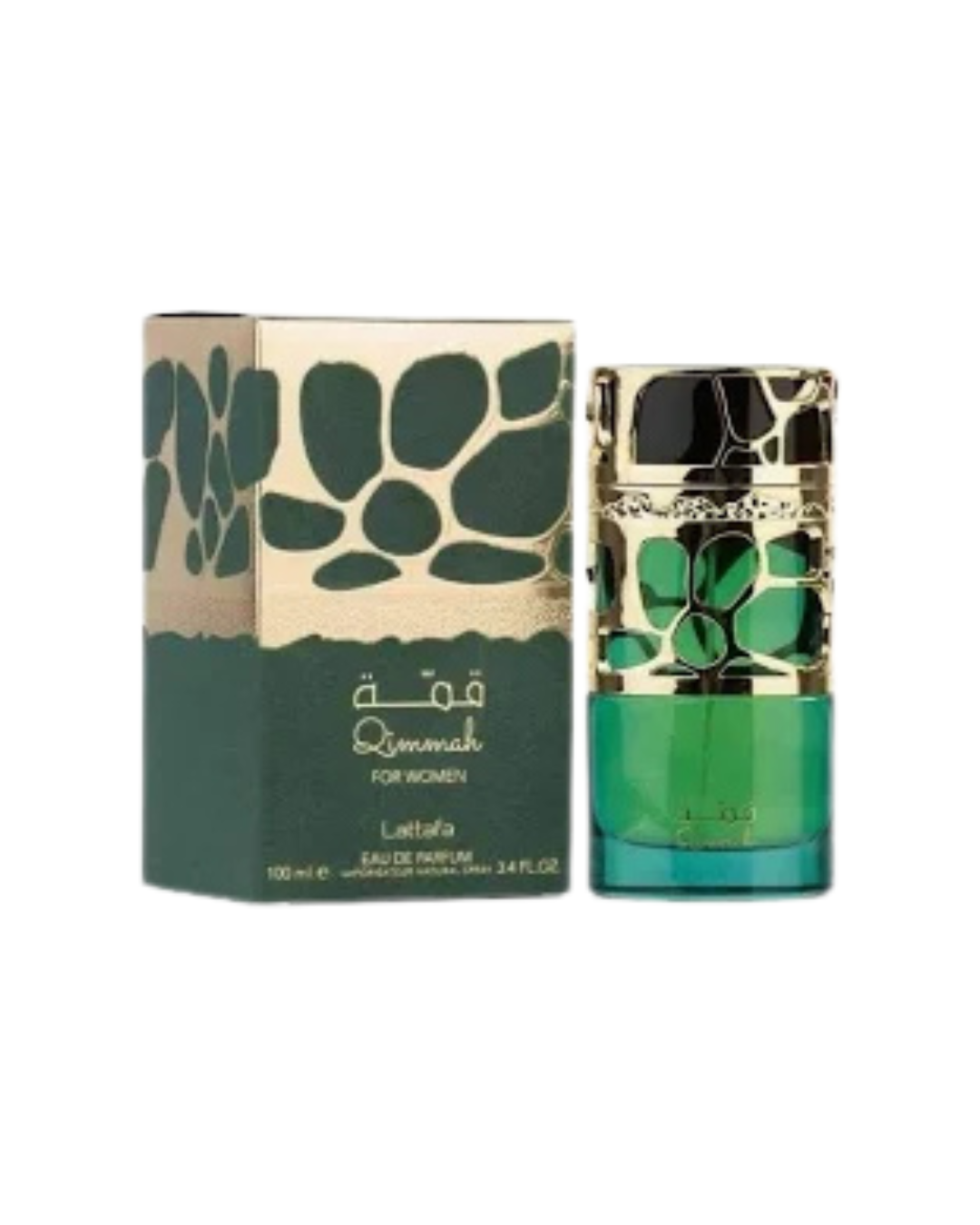 Set completo del perfume Lattafa Qimmah for Women que incluye el frasco de 100ml y su caja original verde con detalles dorados.
