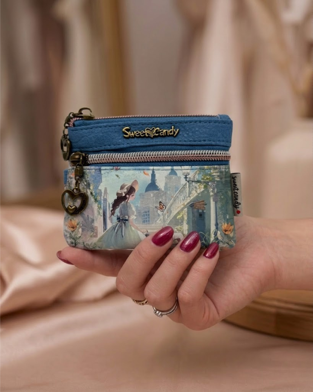 Monedero Sweet Candy con Caja de Regalo Azul - Cartera de Mujer con Diseño Exclusivo y Doble Cremallera