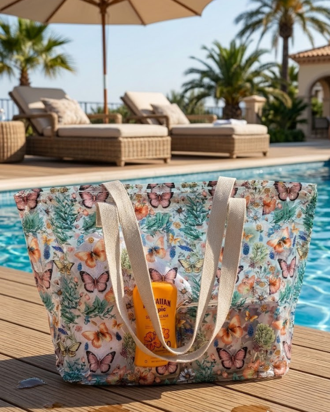 Bolsa de Playa Transparente con Estampado de Mariposas
