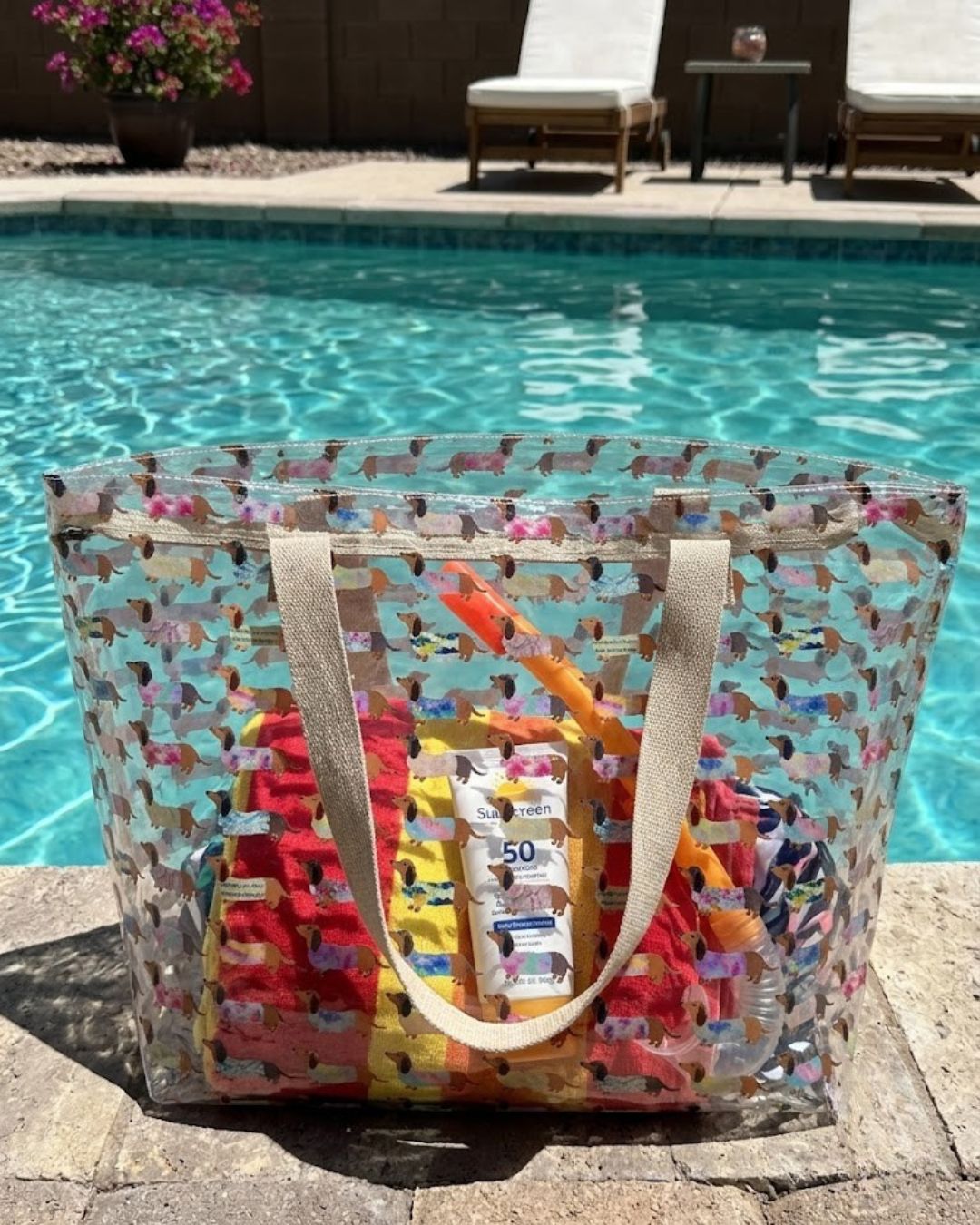 Bolso de Playa Transparente Impermeable - Estampado Perros Salchicha (Teckel)