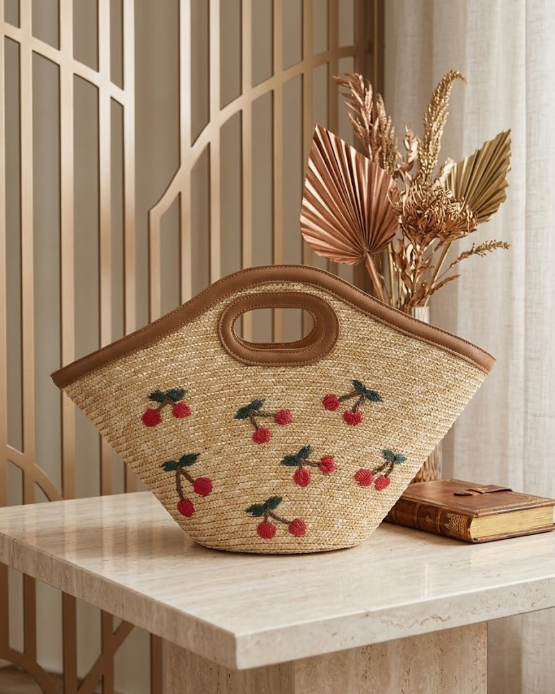 Bolso de Rafia Capazo con Bordado de Cerezas – Modelo Amélie