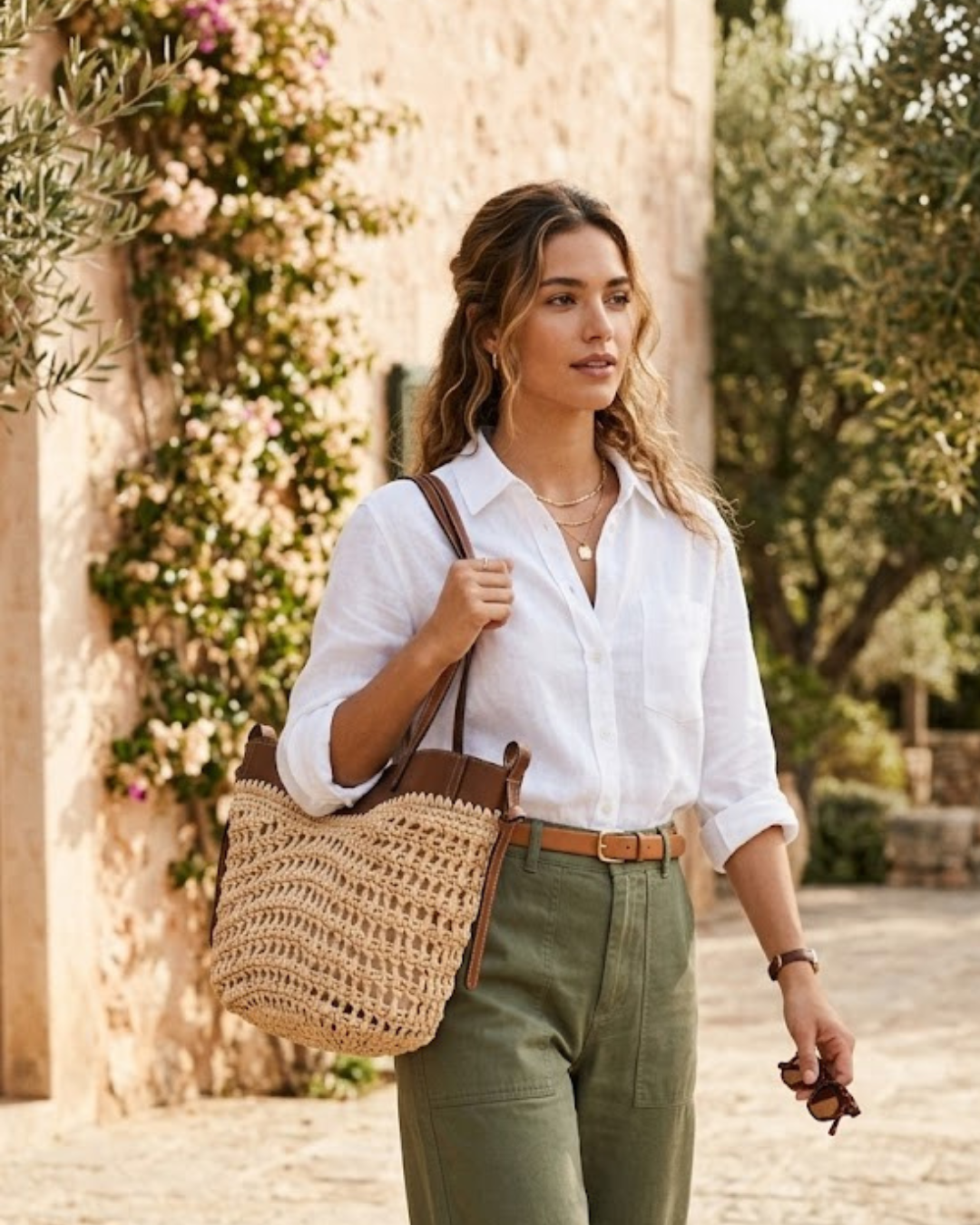 Bolso Capazo de Rafia con Asas Camel y Bolsa Interior