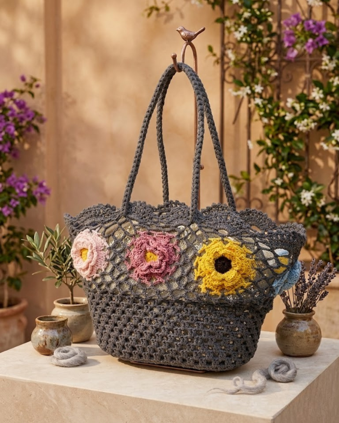 Bolso de Mano de Crochet con Flores 3D (Dos Caras Diferentes) Tipo Rafia