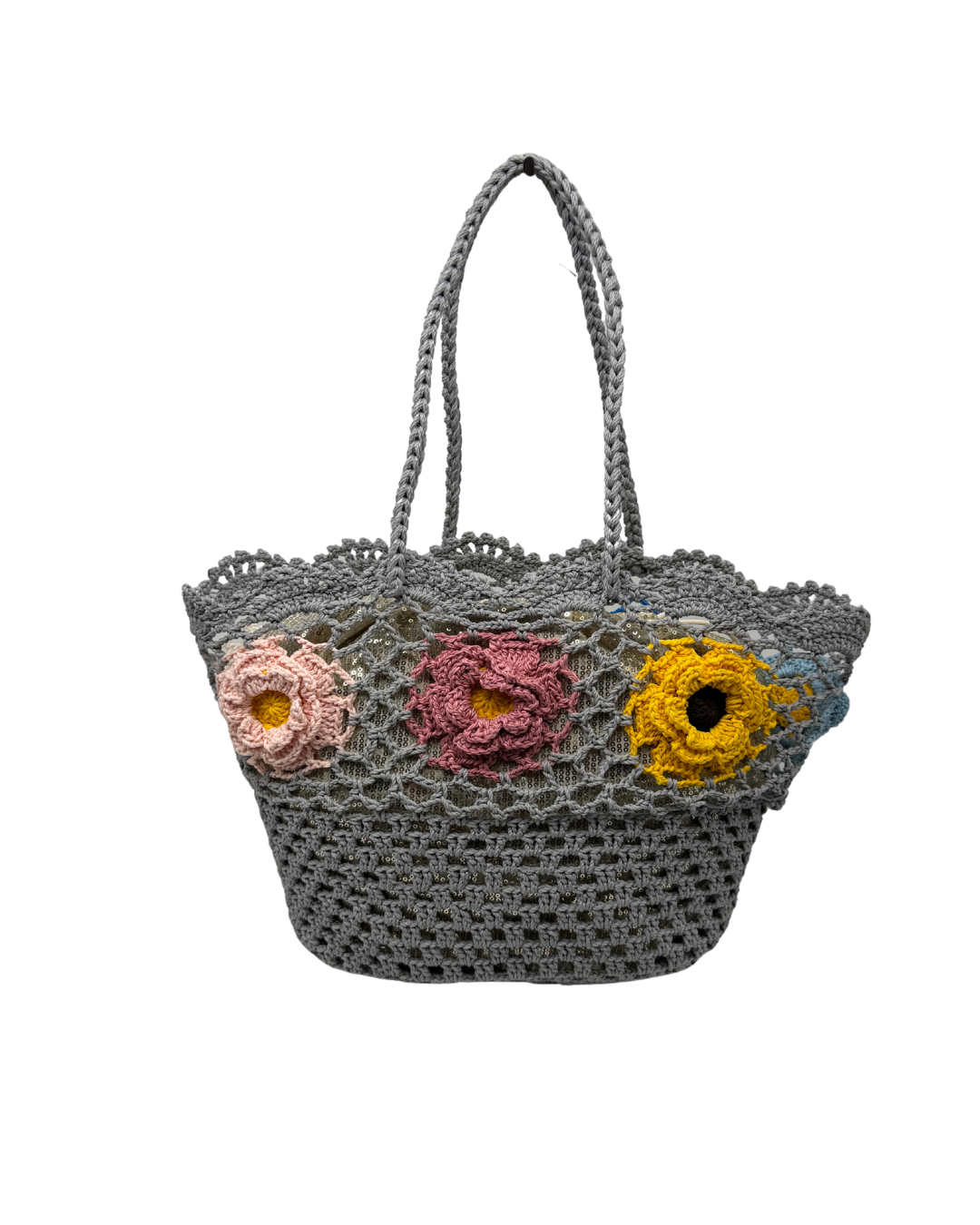 Bolso de Mano de Crochet con Flores 3D (Dos Caras Diferentes) Tipo Rafia