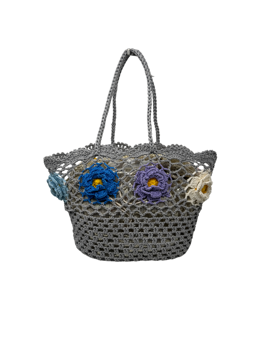 Bolso de Mano de Crochet con Flores 3D (Dos Caras Diferentes) Tipo Rafia