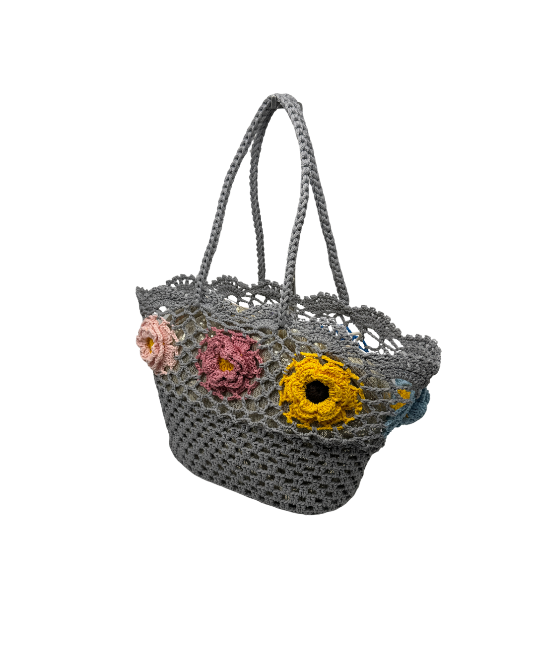 Bolso de Mano de Crochet con Flores 3D (Dos Caras Diferentes) Tipo Rafia