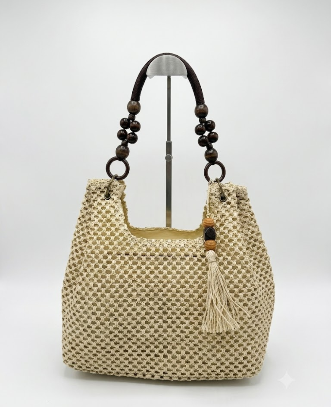 Bolso de Hombro/ Mano – Bolso de Rafia Trenzado con Cuentas de Madera
