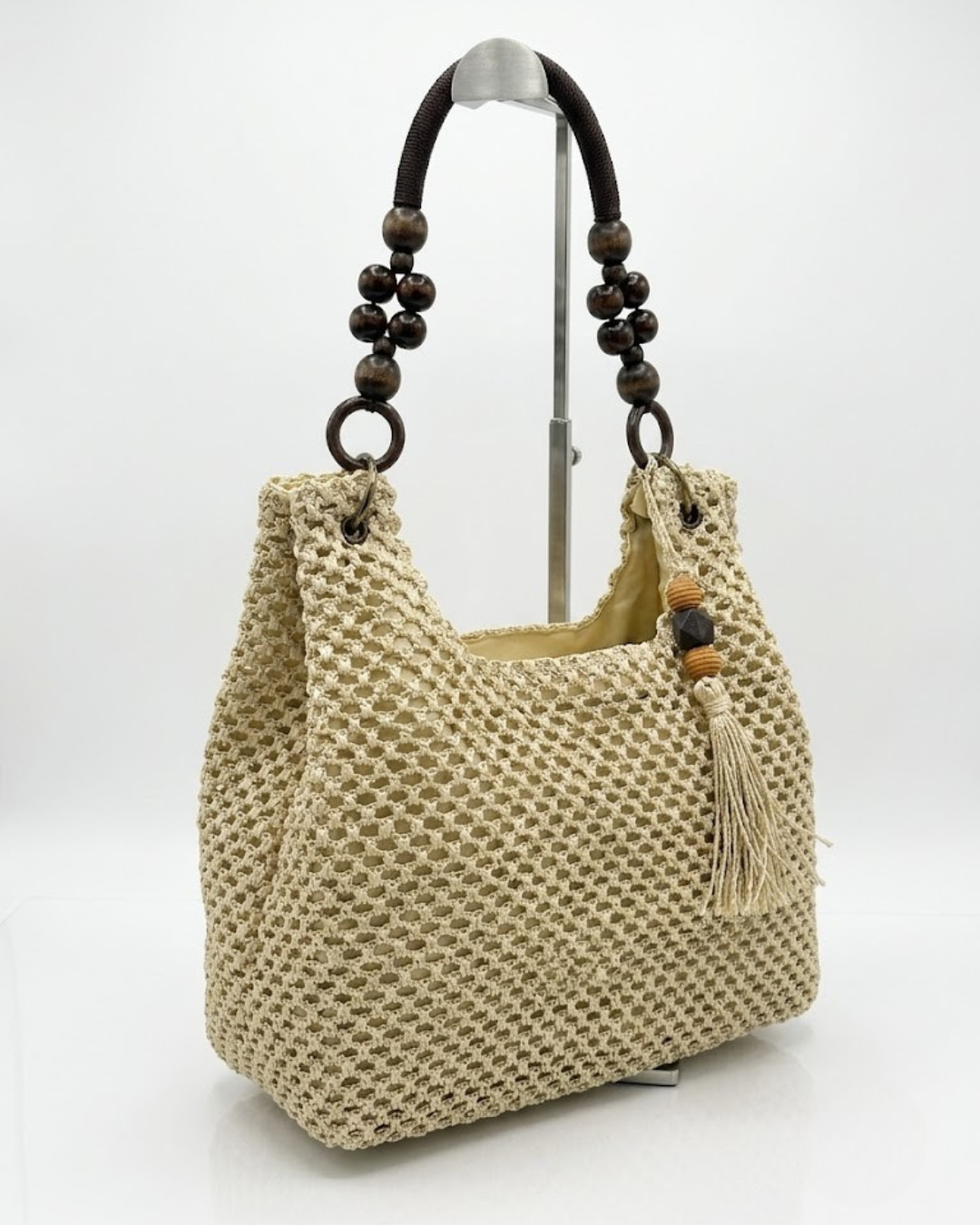 Bolso de Hombro/ Mano – Bolso de Rafia Trenzado con Cuentas de Madera