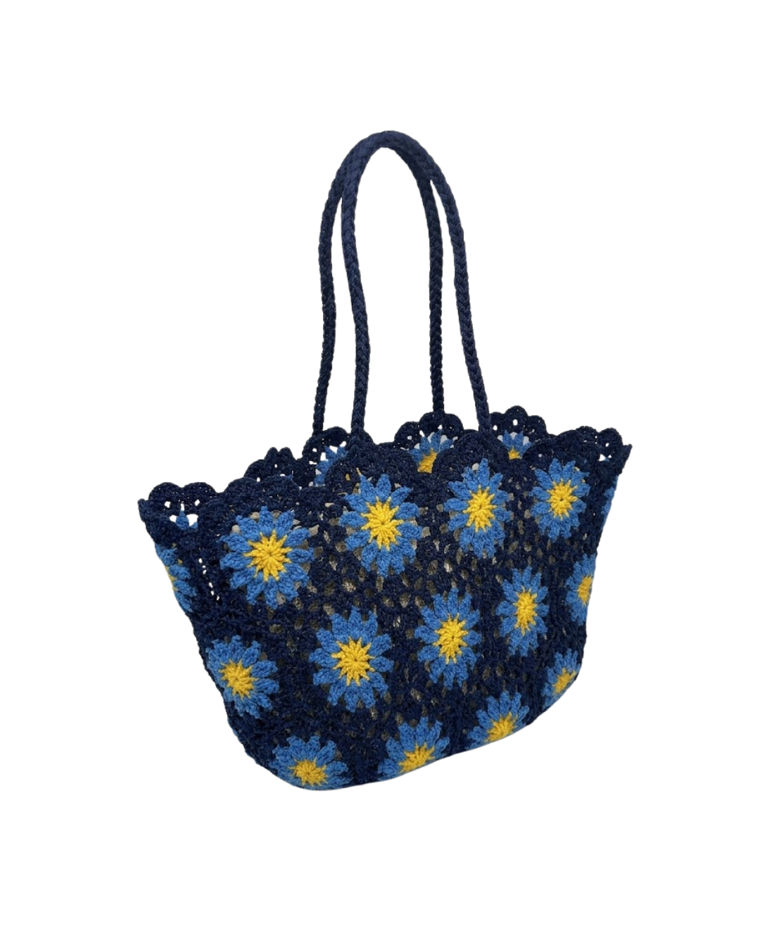 Bolso Capazo de Crochet Azul con Flores y Neceser Interior Dorado