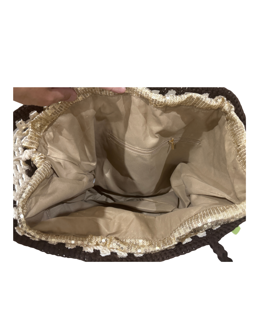 Bolso Tote de Crochet en Marrón y Blanco con Lentejuelas – Bolso de Hombro / Mano Artesanal (Rafia)