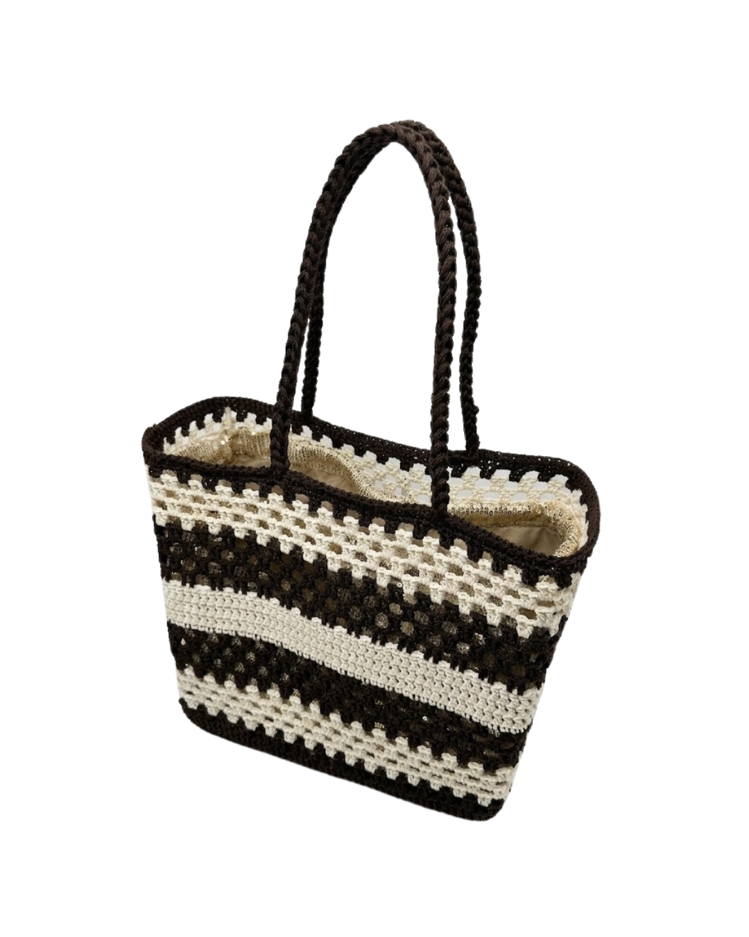 Bolso Tote de Crochet en Marrón y Blanco con Lentejuelas – Bolso de Hombro / Mano Artesanal (Rafia)