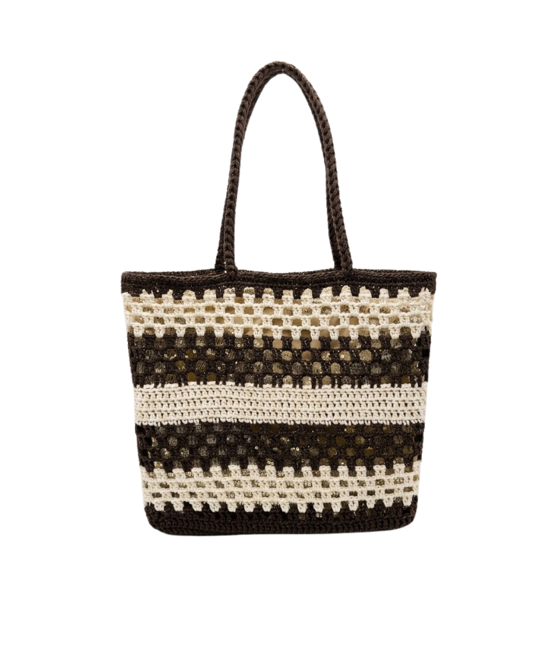 Bolso Tote de Crochet en Marrón y Blanco con Lentejuelas – Bolso de Hombro / Mano Artesanal (Rafia)